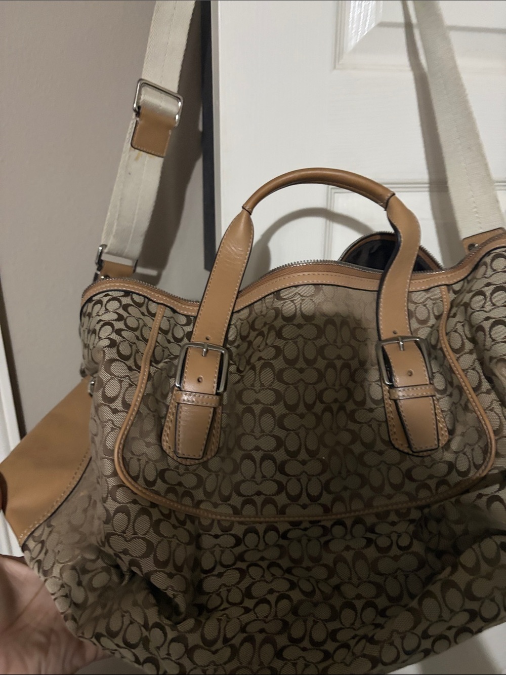 Coach Signature Canvas Tote in Tan and Cream with Leather Trim